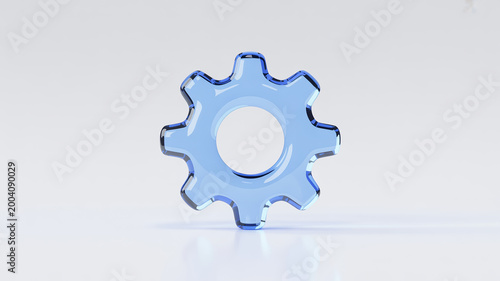 Isolated blue gear on a white background with a soft shadow, three dimensional