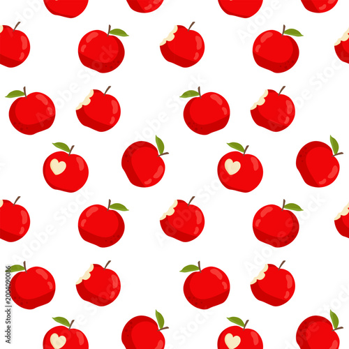 Seamless pattern of whole and bitten red apples with green leaves on white background for food and juice labels.