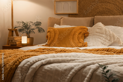 Foto Interior of stylish bedroom with glowing lamps, houseplants and cozy blanket on
