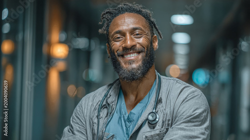 Smiling doctor with stethoscope in hospital hallway during evening shift