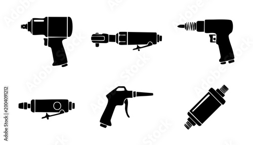 Schilderij op canvas Pneumatic Power Tools Icons Set: Impact Wrench, Ratchet, Drill, Air Blow Gun and