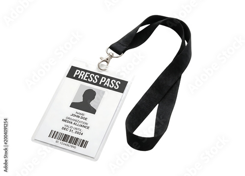 A press pass with a black lanyard and barcode is displayed on a white background