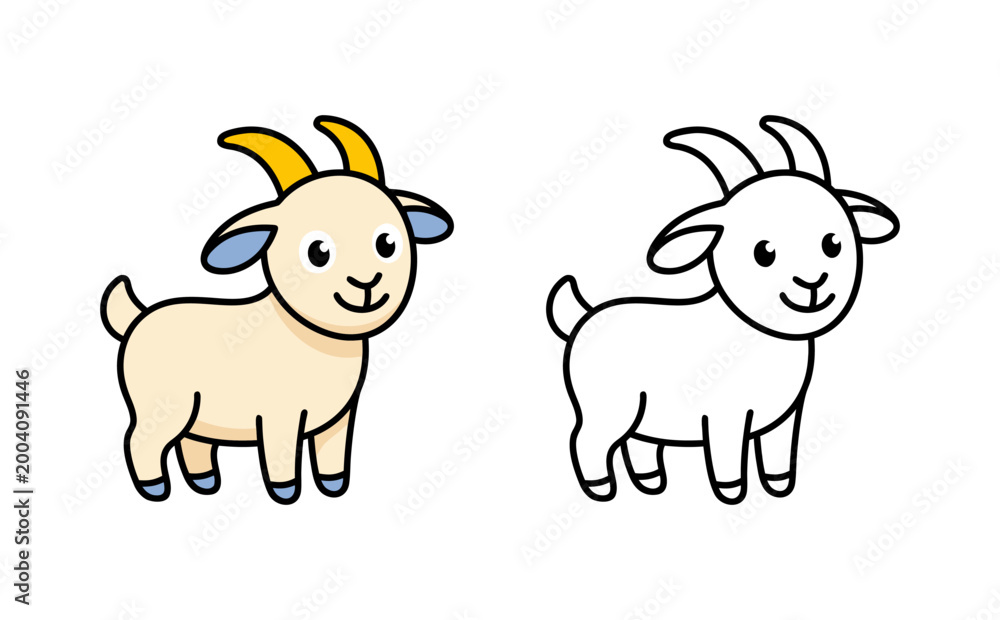 Obraz premium Cute cartoon goat and outline for coloring, white background, flat design vector illustration