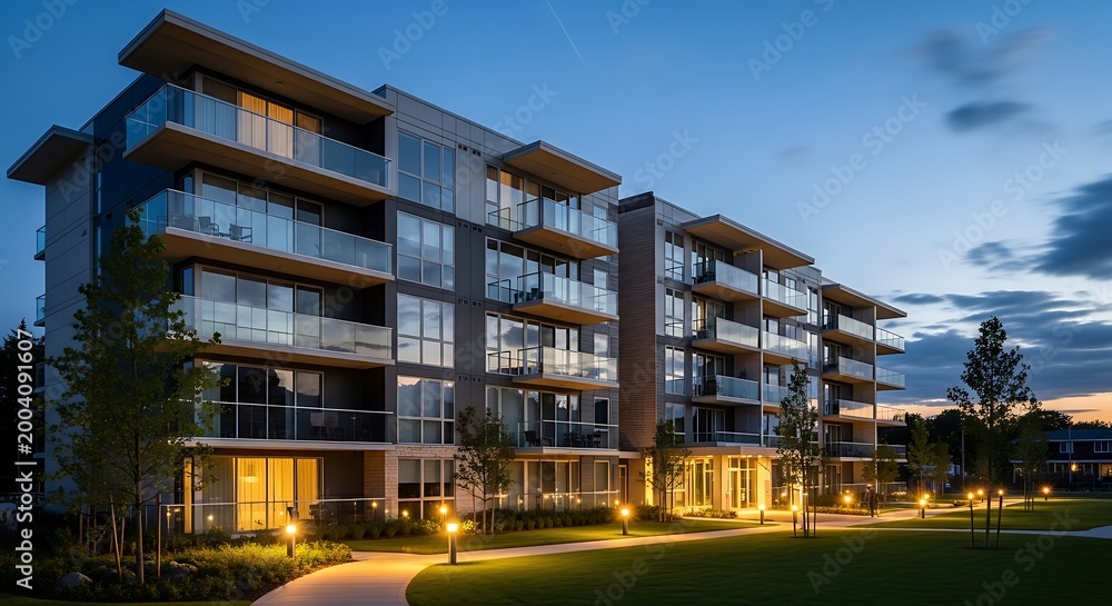 Obraz premium Modern luxury apartment complex building exterior at twilight with glowing lights and landscaped grounds