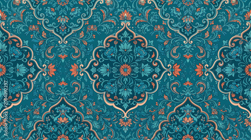 Bilde på lerret Intricate teal and gold ornamental textile with medallion motif.