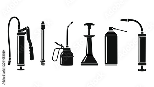 Grease Gun and Lubrication Tools Icon Set for Mechanical Maintenance and Automotive Repair - Black Silhouette Vector Collection for Industrial Workshop Equipment and Machinery Servicing Applications