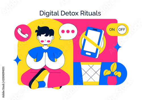 Digital Detox Rituals Vector Illustration Screen Time Reduction Mindful Habits Offline Lifestyle Smartphone Disconnection Wellness Routine Design