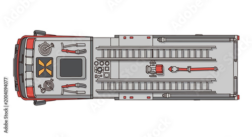 Overhead vector illustration of a fire truck featuring rescue equipment in red and gray tones, designed as an icon for a rescue unit event, depicted against a clean white backdrop