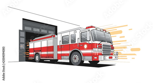 Illustrated scene of a red and white fire truck emerging from a fire station bay with open doors, rendered in a vector graphic style against a white backdrop, conveying a sense of readiness