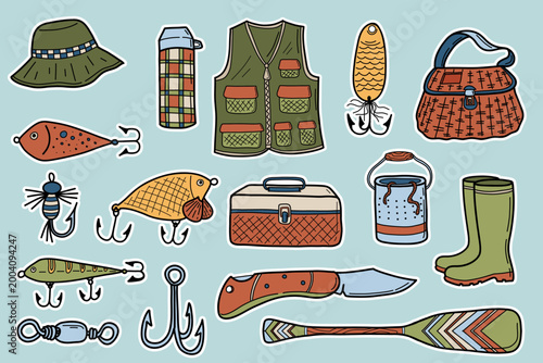 Vintage hand drawn vector fishing lure box, hat, waistcoat, portable chair, floats, lures, oar, rubber boots illustrations. Fishing equipment doodle sticker set. Collection of gear for sport fishing.