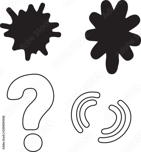 Obraz na płótnie Black splatters, question mark, and parentheses on white background symbols