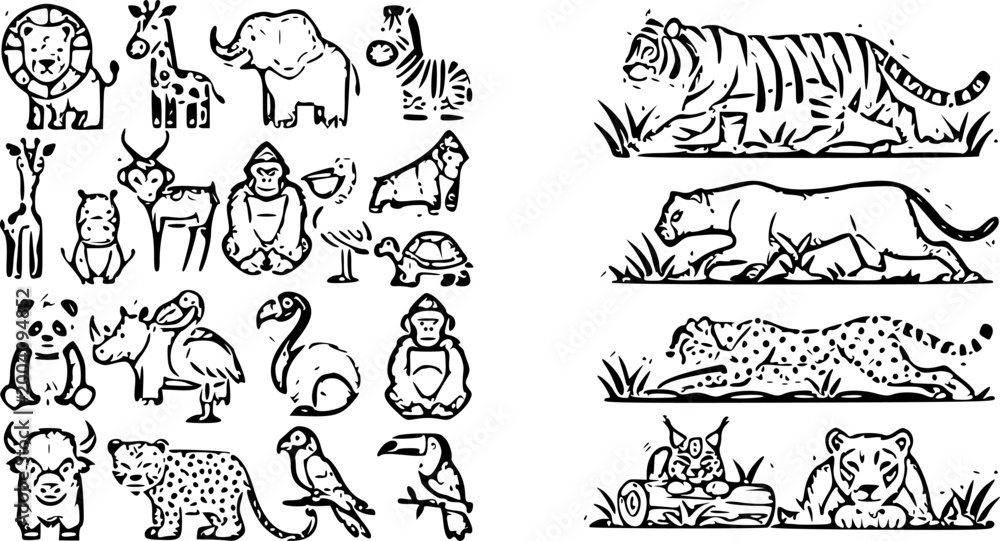 Naklejka premium wild animal cartoon icons collection with detailed big cat illustrations tiger cheetah leopard and lioness vector illustration