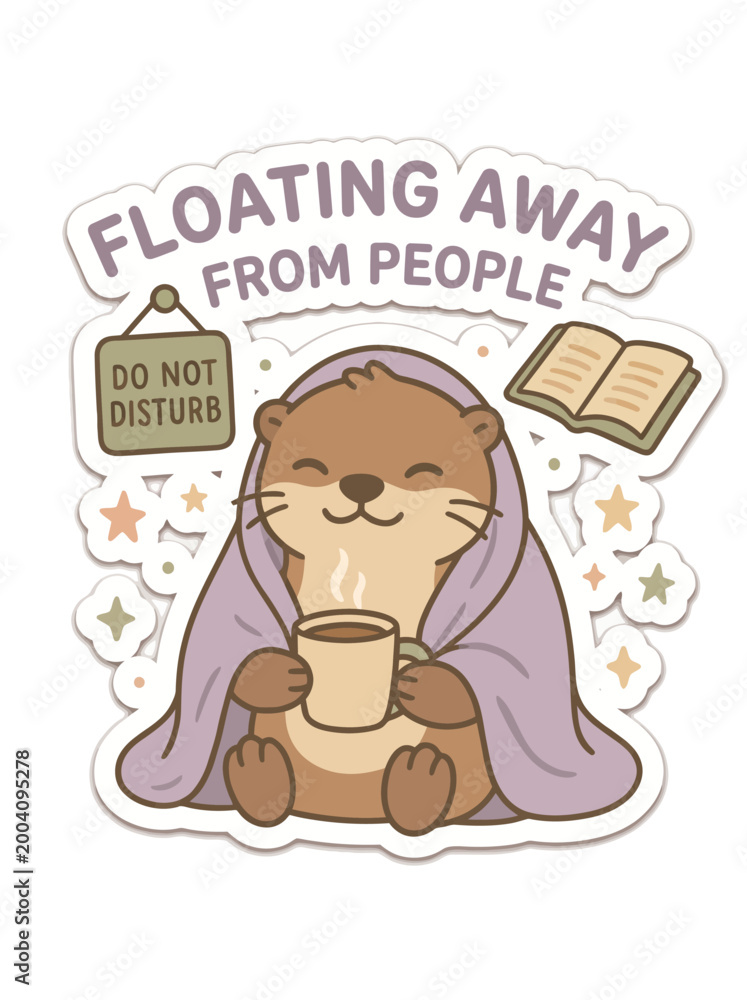 Fototapeta premium Otter with cup and purple blanket.