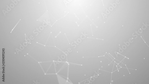 Minimal white polygonal network with connecting lines and dots, abstract technology background with soft motion, data structure, and clean modern depth