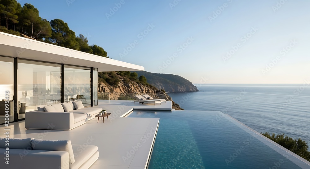 Fototapeta premium Modern luxury villa with infinity pool and terrace overlooking the ocean at sunset