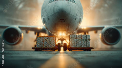 Loading cargo onto a large airplane with its nose open and lights on