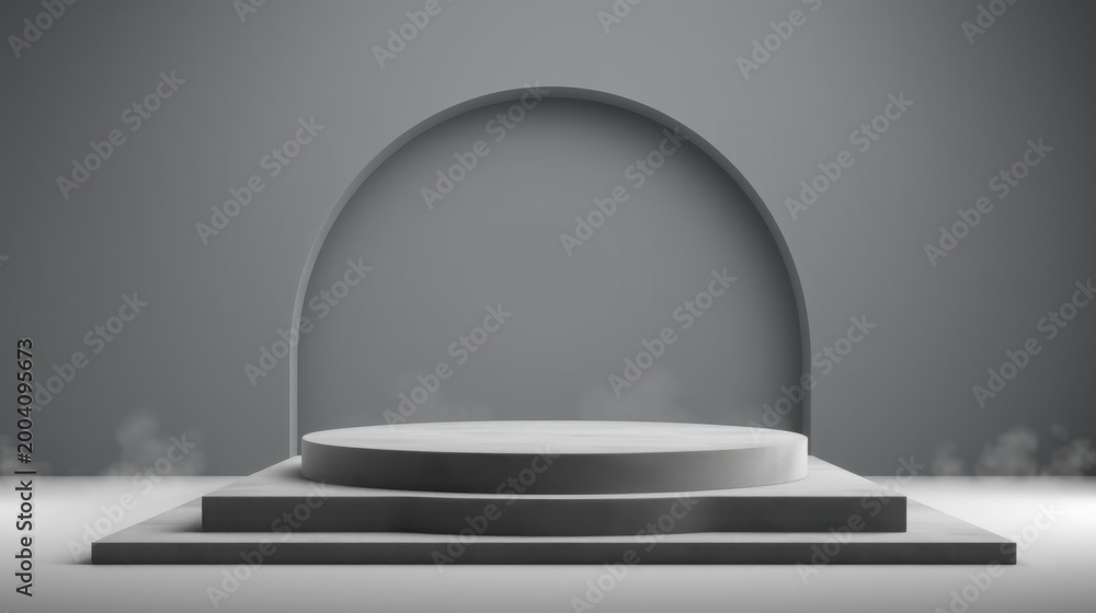 Fototapeta premium Minimalist stage design. Gray tones dominate, creating elegant presentation space. Circular platform under arched backdrop. Simple, modern aesthetic.