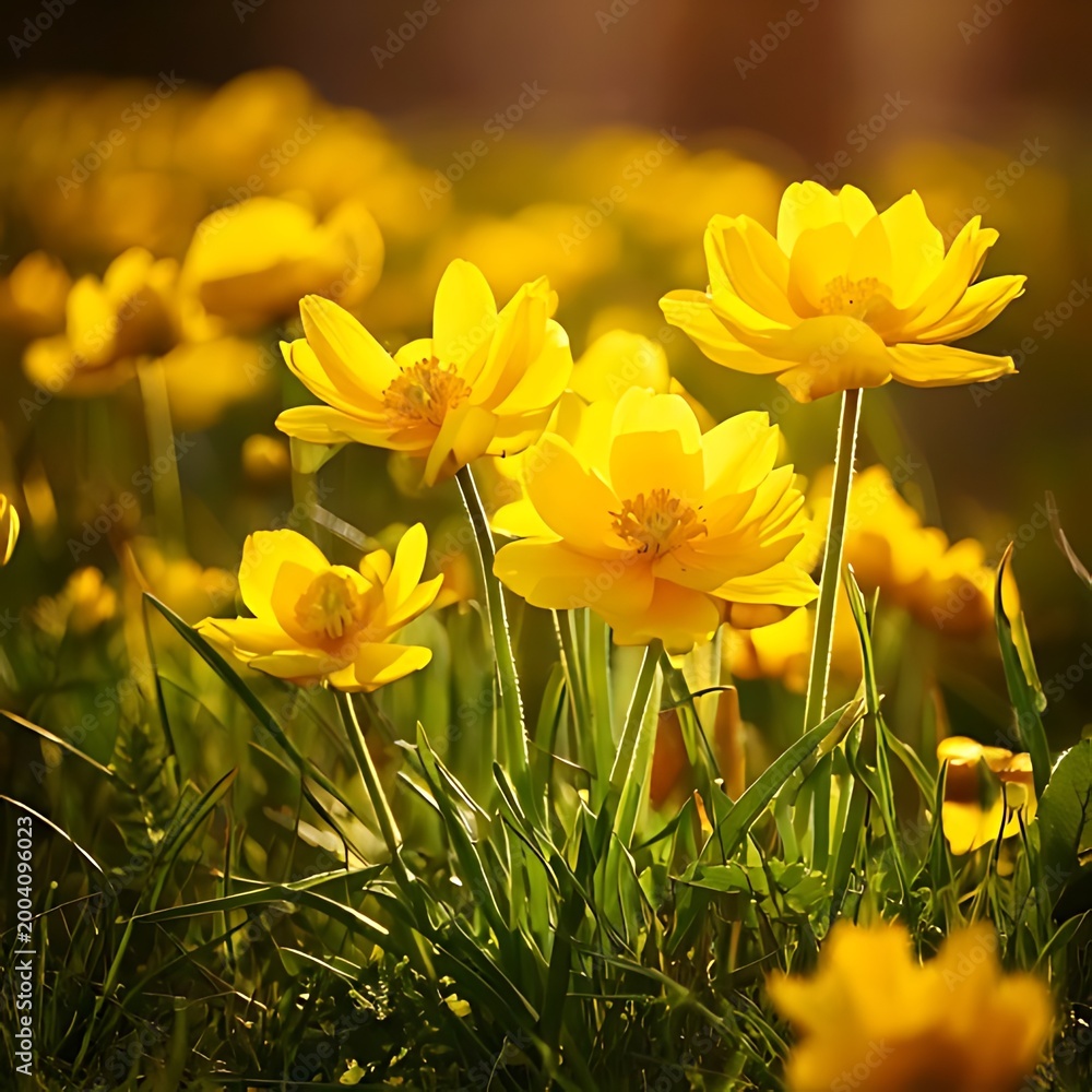 Fototapeta premium Close-up of bright yellow wildflowers in grass