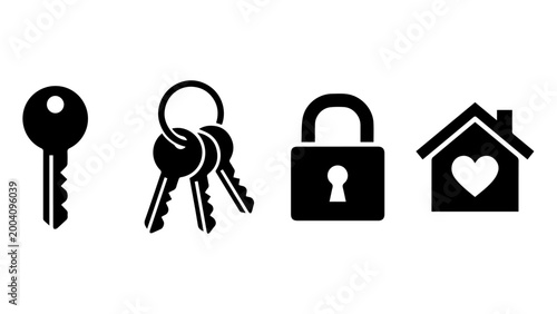 Tableau sur toile Set of black icons representing keys lock house with heart symbol real estate co
