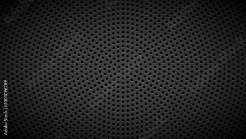 Black abstract technology background with seamless circle perforated pattern, carbon speaker grill texture a for design concepts, wallpapers, presentations, web and prints. Vector illustration.
