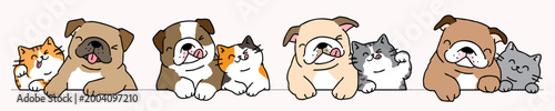 Vector Illustration of Cartoon Bulldog and Cat Couples on Isolated Background. Hand Drawn Vector Illustration.