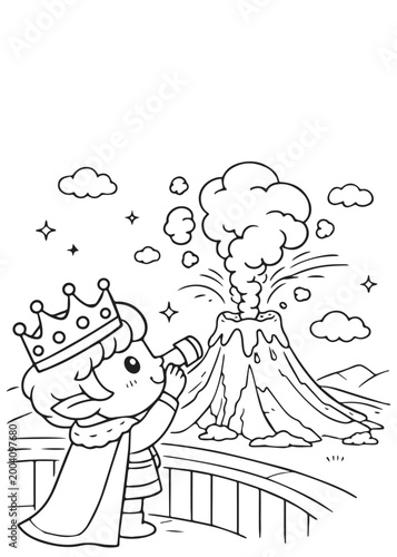coloring book page bold king at the volcanic lookout near the erupting volcano