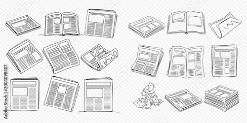 Newspaper sketch set with various newsprint pages and folded journals, hand-drawn vector illustration.
