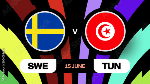 Sweden vs Tunisia Football Match Announcing Competition for 2026 Tournament Event with Vibrant Dynamic Design
