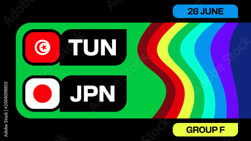 Tunisia vs Japan Football 2026 Tournament Match Announcement Graphic with Vibrant Rainbow Wave Design