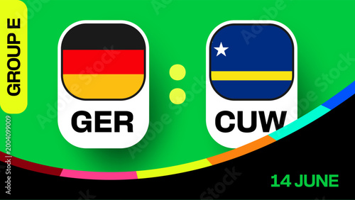 Germany vs Curacao Football Match Announcement for Group E Tournament 2026 on a Vibrant Green Background.