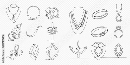 Continuous line drawing of various jewelry pieces including necklaces, rings, and bracelets, showcasing elegant and modern designs.