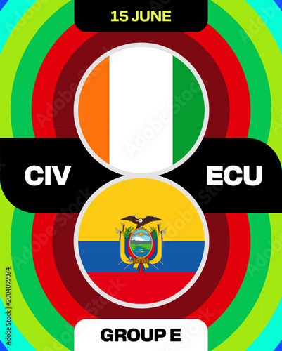 Ivory Coast vs Ecuador Football 2026 Match Announcement Presentation Graphic for Group E Tournament Competition Design.