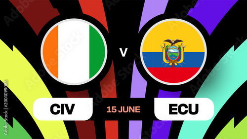 Ivory Coast vs Ecuador Football 2026 Tournament Match Announcement Graphic Design with Dynamic Abstract Sports Background