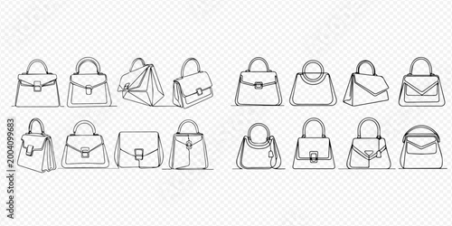 Set of various elegant women's handbags in continuous line art style, fashion accessories collection.