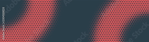 Triangles hexagonal grid halftone pattern dual semi circle border ultra wide 32:9 aspect ratio red black vector abstract background. Half tone panoramic format hi-tech conceptual graphical layout