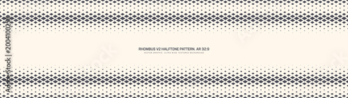 Rhombus grid halftone pattern extended striped border ultra wide 32:9 aspect ratio vector abstract background. Half tone panoramic ultrawide format retro futuristic sci-fi technology graphical layout