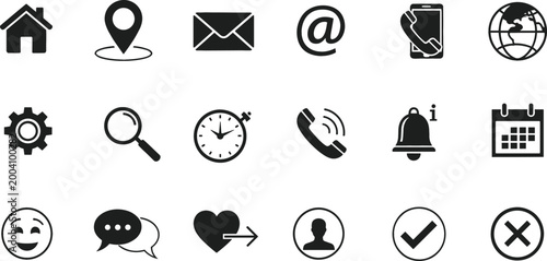 User interface icons set solid symbols including home location email phone calendar settings and communication vector illustration collection