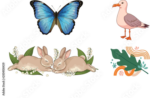Butterfly seagull and rabbits set delicate animals with floral elements nature wildlife soft pastel vector illustration collection