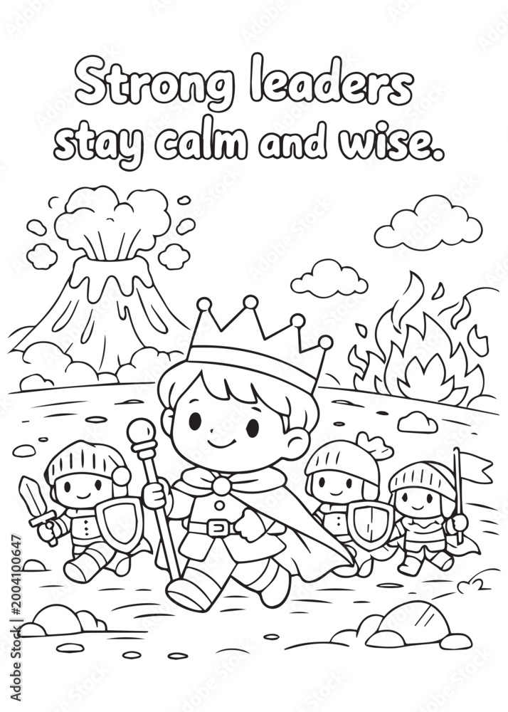Fototapeta premium coloring book page strong king staying calm and wise while leading companions in the volcanic field