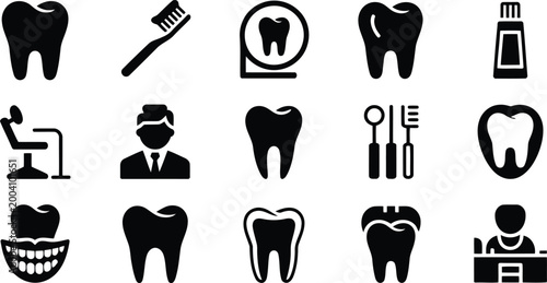 Collection of simple dental glyph icons displaying teeth care tools and oral health professional medical services