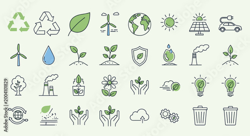 Eco friendly icons set with green and black illustrations on light green background for sustainable living and environmental conservation concepts, Generative AI.