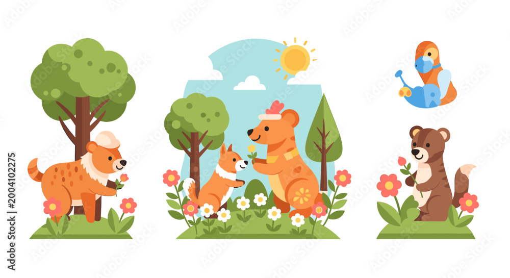 Fototapeta premium A charming illustration depicting a red panda near a blooming flower, evokes feelings of peace, wonder, and the beauty of nature, suitable for childre