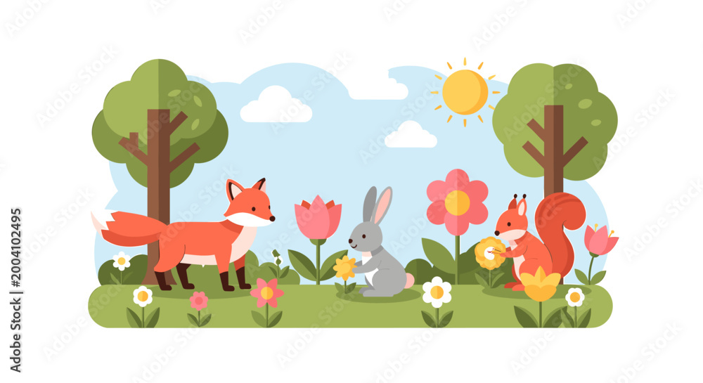 Obraz premium A cheerful and playful illustration of a meadow scene, evoking feelings of joy and tranquility. Perfect for children's content, marketing materials, o