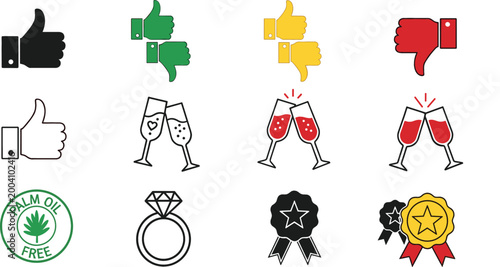 Rating and feedback icons set thumbs up down champagne glasses awards badges and eco palm oil free symbols vector illustration
