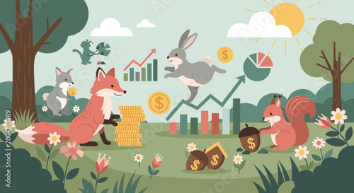 A charming illustration of a fox amidst a serene forest setting, evoking a feeling of peace and wonder, perfect for children's content or nature-theme