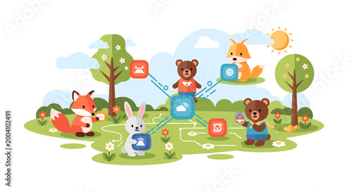 A cheerful illustration of a fox amidst a blooming meadow creates a sense of playful wonder, ideal for children's content or marketing campaigns seeki