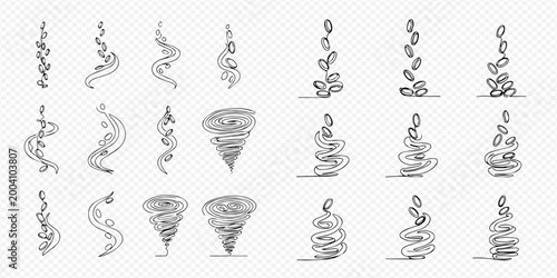 Set of hand-drawn doodle elements depicting water splashes, smoke, and tornado effects for graphic design.
