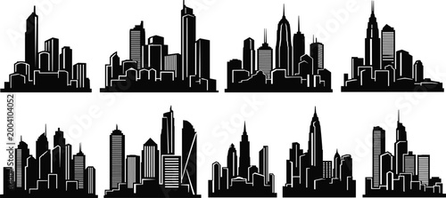 Fotografie Set of black and white vector city skylines or building outlines in rows against a transparent background
