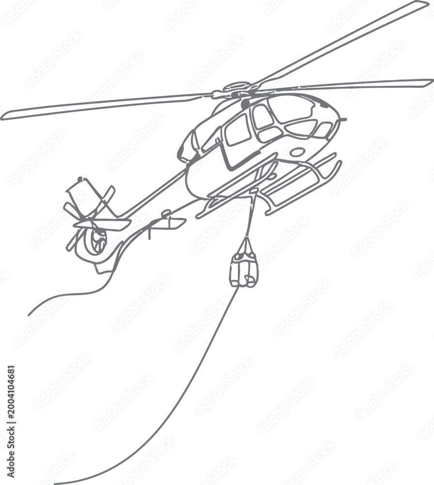 Fototapeta premium Line Art Illustration of Helicopter Carrying Suspended Cargo