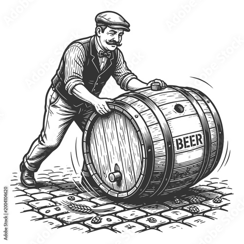 cheerful brewery worker rolling a large wooden beer barrel across cobblestones sketch engraving generative ai fictional character vector illustration. Scratch board imitation. Black and white image.